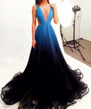 Black Blue Gradient Tulle Long Evening Party Dress,A Line V-neck Prom Dress OK245