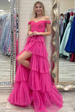 Neon Pink Off-the-Shoulder Multi-tiered Prom Dress Formal Evening Dress OK1535