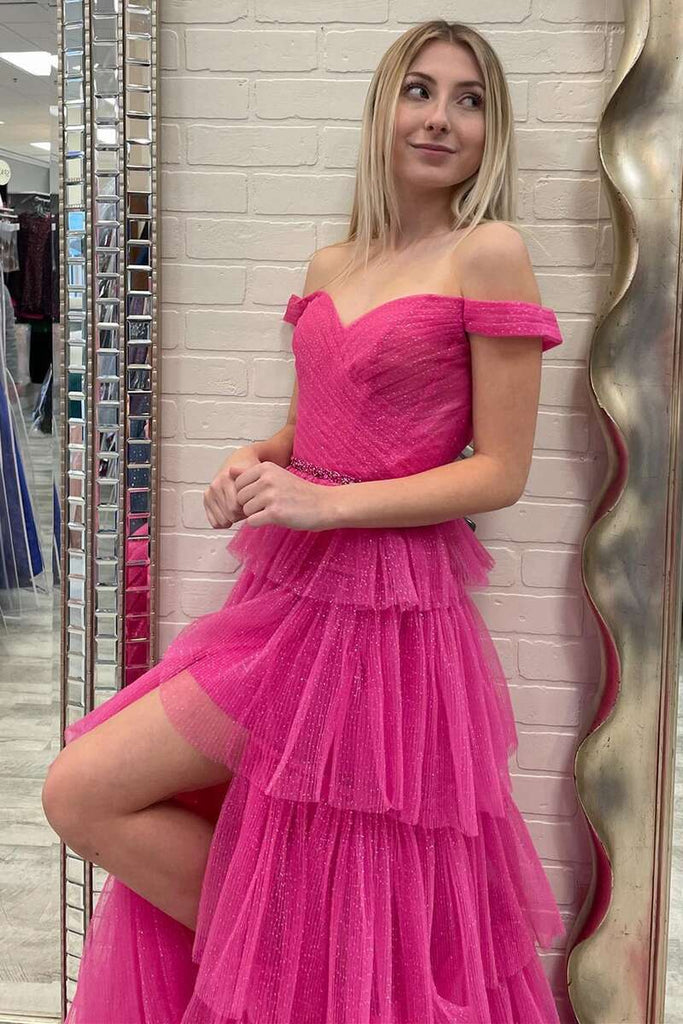 Neon Pink Off-the-Shoulder Multi-tiered Prom Dress Formal Evening Dress OK1535