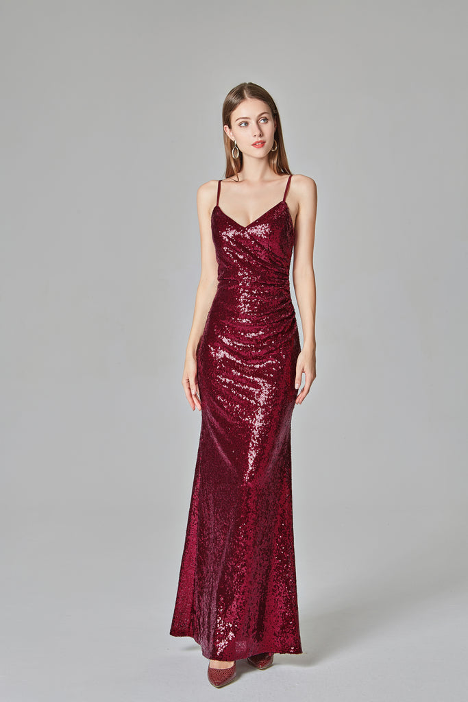 Burgundy Sequins Sheath Spaghetti Straps Prom Dress XU90811