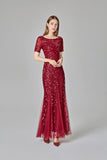 Burgundy Sheath Short Sleeves Round Long Prom Dress 90801