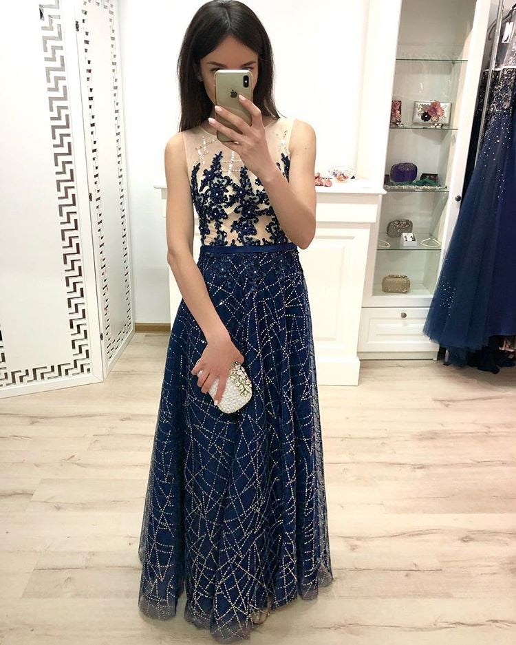A Line Dark Blue Long Prom Dress, Sequins Sleeveless Evening Dress OKJ19