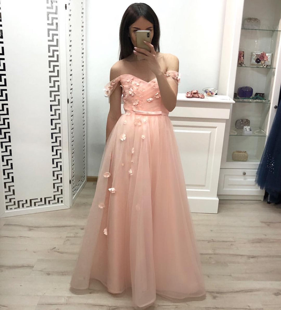 A Line Off the Shoulder Long Prom Dress, Pleats Prom Gown With Flowers OKJ20