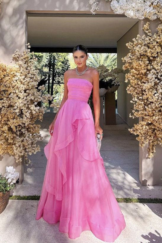 Simple A Line Hot Pink Strapless Long Prom Dress, Modest Evening Dresses OK1976