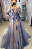 A Line Long Sleeves Tulle Appliques Long Prom Dress Formal Evening Dress OK1369