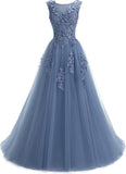 A Line Round Neck Lace Appliques Floor Length Prom Dress OKR11