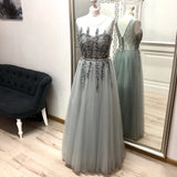 Gray A Line Tulle Appliques Prom Dress, Long Cheap Prom Gown OKK29