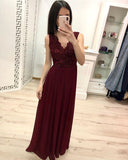 Burgundy Chiffon Lace Appliques Prom Dress, Long Cheap Prom Gown OKK30