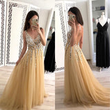 Charming A Line Tulle V Neck Floor Length Prom Dress Beads Sequins OKJ24