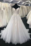 Elegant A Line Spaghetti Straps Tulle Lace Appliques Long Wedding Dress OK1164