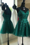 Emerald Green Lace Appliques Homecoming Dress A-line V-neck Short Prom Dress OKZ77