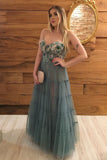 A Line Sweetheart Tulle Evening Dress Appliques Long Prom Dress OK1332