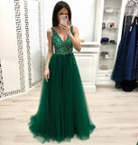 Fashion A Line V Neck Beading Prom Dress, Long Tulle Green Prom Dress OKK24