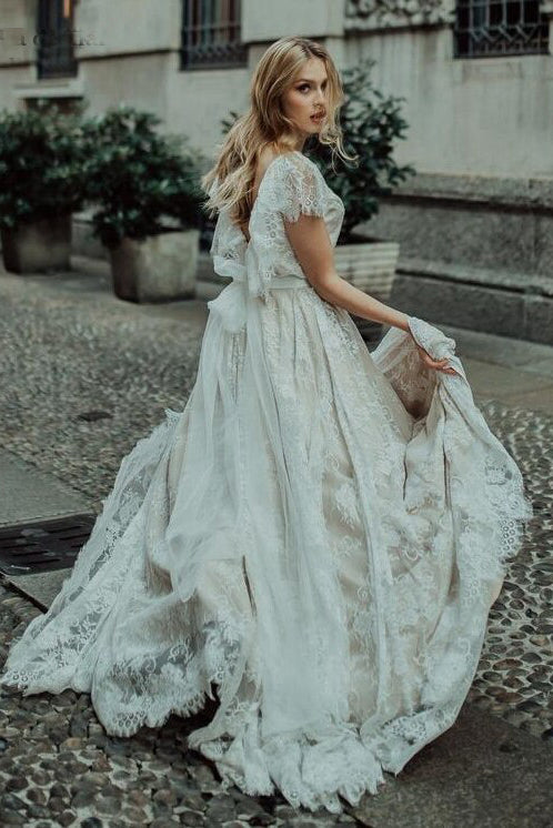 Princess Lace V Neck Backless Boho Wedding Dress A-line Lace Bridal Gown OKV57