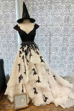 A-line V Neck Cap Sleeves Long Prom Dress With Black Lace Appliques OKS88