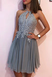 Gray Chiffon Lace Short Prom Dresses Lace Appliques Homecoming Dress OKP38