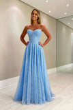A Line Blue Lace Strapless Long Prom Dress. Sweetheart Formal Evening Dress OK1191