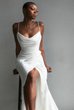 Charming Sheath Cowl Neck Soft Satin Long Wedding Dress with Slit N112