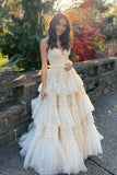 Fashion A Line Spaghetti Straps Long Prom Dress With Ruffles Formal Evening Dress OK1187