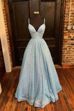 Simple V Neck Sequin Long Prom Dress A Line Formal Evening Dress OK1244