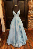 Simple V Neck Sequins Long Prom Dress A Line Formal Evening Dress OK1244