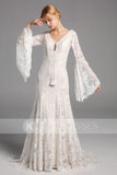 A-line Lace Long Sleeves Wedding Dresses V Neck Bridal Gowns OKV16