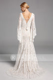 A-line Lace Long Sleeves Wedding Dresses V Neck Bridal Gowns OKV16