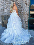 A Line Lace Appliques Tulle Long Prom Dress White Spaghetti Straps Formal Evening Dress OK1185