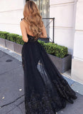Sweetheart Black Lace Appliques Sequins Long Prom Dress With Slit Evening Dress OK1216