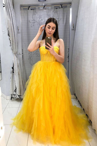 Yellow Tulle A-Line Long Prom Dress Spaghetti Straps Ruffles Evening Dress OK1232