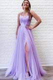 Lilac Purple A-Line Tulle Lace Appliques Long Prom Dress Evening Dress OK1224