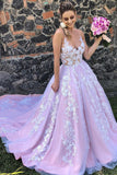Unique Backless A-Line Tulle Long Prom Dress Lace Appliques Evening Dress OK1238