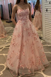 Pink A Line Tulle Lace Appliques Long Prom Dress Formal Evening Dress OK1329