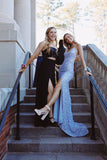 Glitter Mermaid V Neck Cross Back Blue Sequin Prom Dress with Slit OK1036