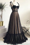 Vintage Spaghetti Straps Black A-line Long Prom Dress Formal Evening Dress OKS50