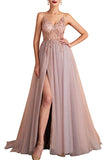Women's Long V Neck Sexy Evening Dress A-line Tulle Beaded Prom Dress Blush OKY57