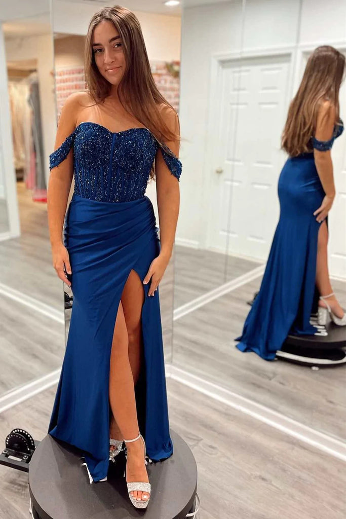 Navy Blue Sequin and Satin Off-the-Shoulder Long Prom Dress with Slit OK1963