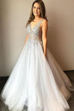 V-neck Beaded Tulle A Line Gray Long Prom Dress Formal Party Dress OK1102