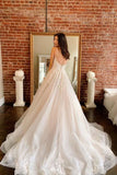 Spaghetti Straps A-line Tulle Wedding Dress Lace Appliques Long Bridal Gowns OKX72
