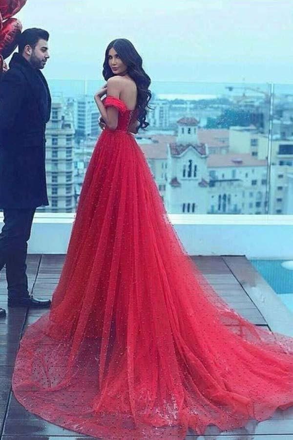 Charming A-Line Off-the-Shoulder Court Train Red Tulle Prom Dresses OK915
