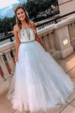 Strapless A Line Tulle Sparkly Long Prom Dress Beaded Formal Evening Dress OK1347