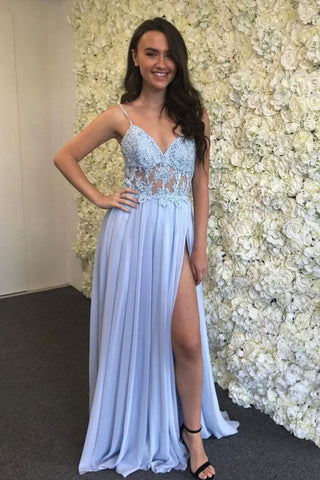 A Line Blue Chiffon Long Prom Dress Spaghetti Straps Evening Dress OK1183