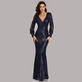 Mermaid Sequined Long Sleeves V Neck Prom Dress XU90814