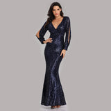 Mermaid Sequined Long Sleeves V Neck Prom Dress XU90814