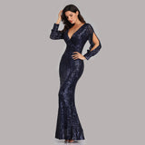 Mermaid Sequined Long Sleeves V Neck Prom Dress XU90814