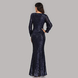 Mermaid Sequined Long Sleeves V Neck Prom Dress XU90814