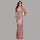 Mermaid Sequined Long Sleeves V Neck Prom Dress XU90814