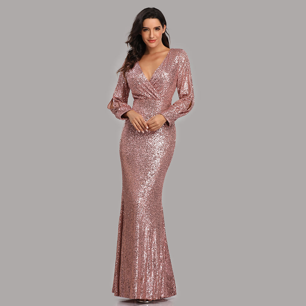 Mermaid Sequined Long Sleeves V Neck Prom Dress XU90814