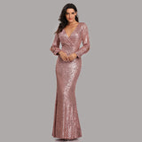 Mermaid Sequined Long Sleeves V Neck Prom Dress XU90814