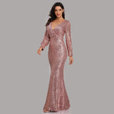 Mermaid Sequined Long Sleeves V Neck Prom Dress XU90814